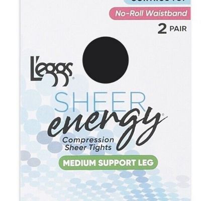 L'EGGS 2 PAIR SHEER ENERGY CONTROL TOP NO ROLL TIGHTS-SHEER TOE-B-OFF BLACK
