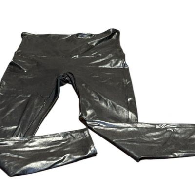 SPANX Leggings/Crop Petite Womens Sz P-XL Faux Leather Shiny MOTO Black