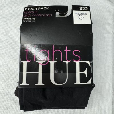 HUE Solid Black Opaque Tights w/Control Top Womens Size 1 U5987 ~ 2 Pairs New