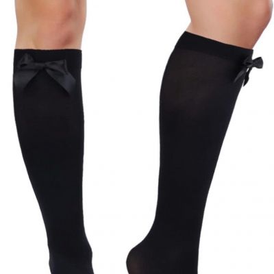 Women Now Thigh High Stockings Black And White 2 Pair Satin Bow Accent Socks