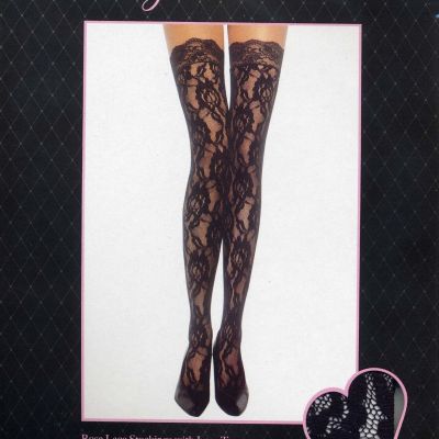 Leg Avenue 9762 Black Rose Lace Nylon Stockings w/Lace Top Women's One Size Reg