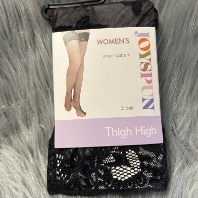 Joyspun Tights Womens Floral And Sheer Black Thigh High 2 Pair Lace Tops NEW