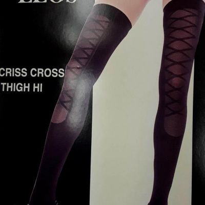 sexy MUSIC LEGS faux CRISS-CROSS strappy OPAQUE sheer FRONT thigh HIGH stockings