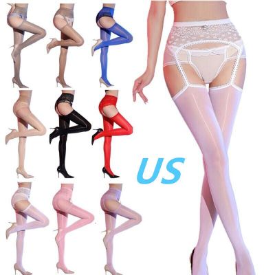 US Womens Lace Tights Open Crotch Pantyhose With Garter Thigh High Stockings