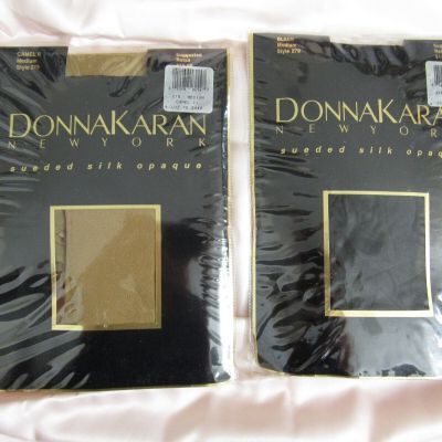 Vintage 90s Donna Karan Sueded Silk Opaque Camel Black TWO Pairs Pantyhose Med