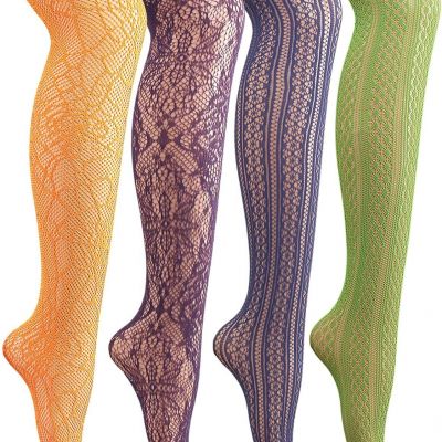 4 Pack Women's Patterned Fishnets, Orange,Green,Purple,Blue Fishnet Tights, Colo