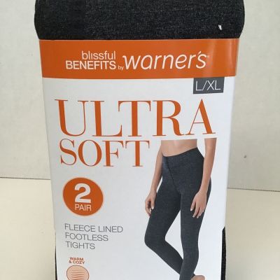 New Warners soft fleece lined tights footless 2 pair blk & char hth gray L / XL
