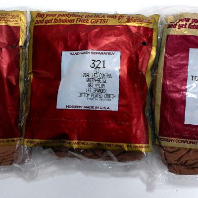 3 x Silkies TLC Total Leg Control QUEEN size  1 x Nude 2 x Beige USA Made Vtg