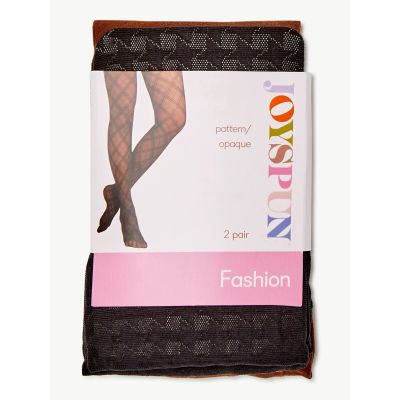 Joyspun Women's Brown Opaque & Black Houndstooth 2 Pack Tights Size Small