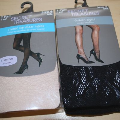 Womens 2 PAIR TIGHTS LOT Nude Control Top, Shimmer BLACK NET FASHION Size 4