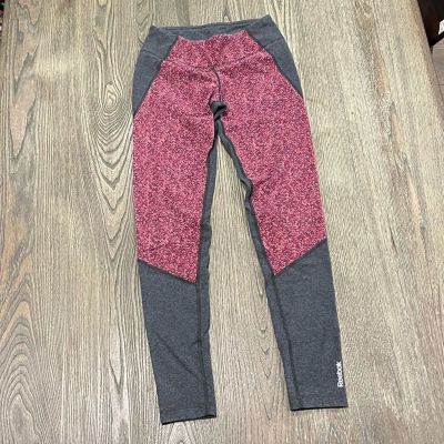 Reebok?Leggings High Waist Stretch Pull-On Cotton Blend Workout Red Gray Small