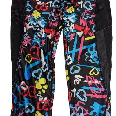 Love Hearts Leggings Sheer Stretch Pants Scribbles Black Colorful Womens Size L