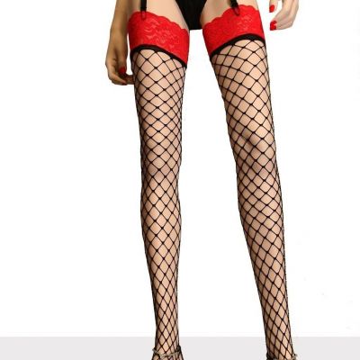 MUST HAVE O/S RED LACE TOP BLACK FISHNET THIGH HIGH STOCKINGS 4 GARTER CHERRITA