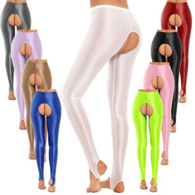 US Womens Underpants Shiny Trousers Tummy Control Pants Open Crotch Tights Stage