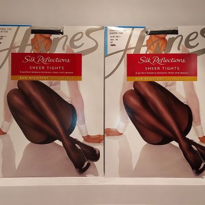 2~Hanes~**SILK REFECTIONS SHEER TIGHTS**~Control Top~Size AB~JET~Run Resistant