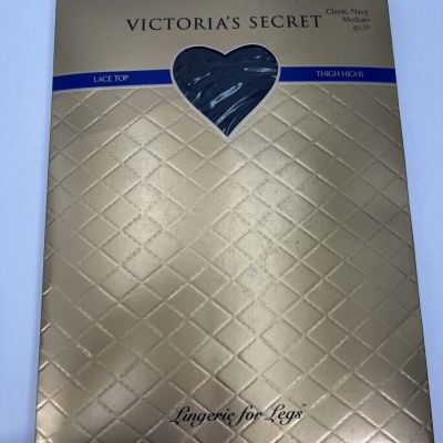 Vintage Victorias Secret Lace Top Thigh High Stockings Classic Navy Size Medium