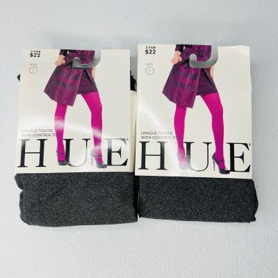 HUE Graphite Heather Opaque Tights w/Control Top 2 Pair Womens Size 1 New