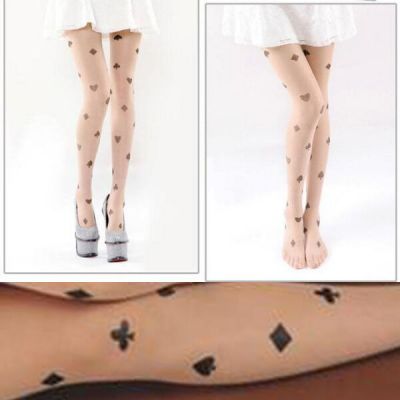 Sheer Beige Nude Pantyhose Poker Suits Faux Tattoo Wonderland Cosplay Tights OS