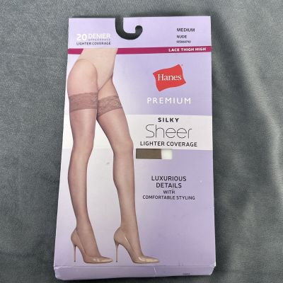 Hanes Premium Silky Sheer Lace Thigh High Medium Stockings Nude Medium Beige
