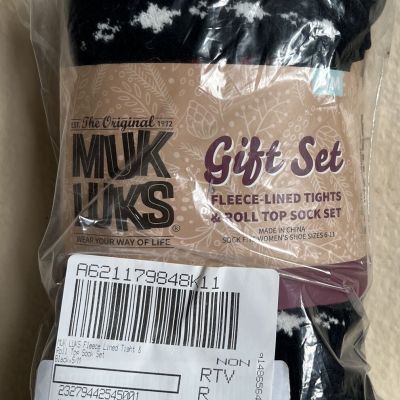 Muk Luks Fleece-Lined Gift Set Tights & Roll Top Sock Set Closed Toe Small S/M