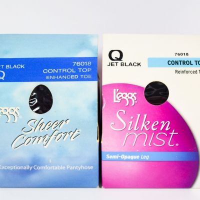 2 L'eggs Silken Mist/Comfort Pantyhose Control Top JET BLACK 76018 Size Q