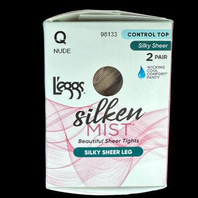 Leggs Silken Mist Control Top Pantyhose NUDE  Size Q  2 PaiR SILKY SHEER