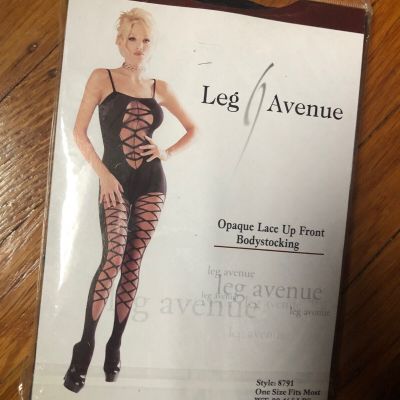Black Lace Up Front Opaque Bodystocking Leg Avenue 8791 Nylon 90-165lbs