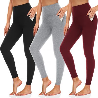 3 Pack Leggings with Pockets for Women High Waisted Tummy Control Workout Yoga P