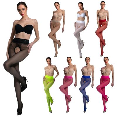 Amour Hip Lace 30D Satin Gloss Sheer Crotchless Tights - Reg & Plus Sizes