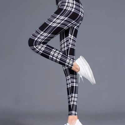Fashion Plaid Print Leggings Casual High Waist Elastic Bottoms Slim Clothing New