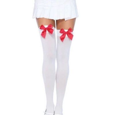 Women's White Thigh High Stockings WITH Satin Bow Accent, One Size NEW CONDITION