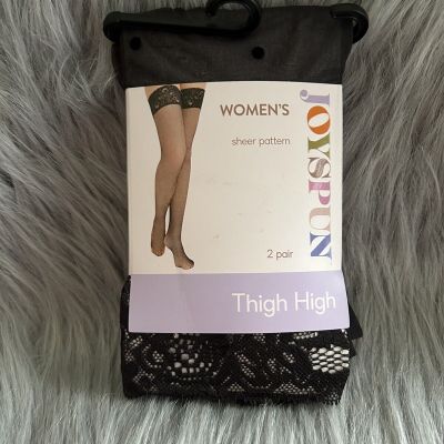 Joyspun Tights Women’s Dot And Sheer Black Thigh Highs 2 Pair Floral Lace Tops