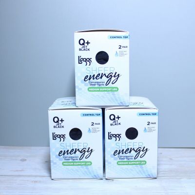 3 Boxes Q+ Leggs Sheer Energy Control Top Med Support Tights Pantyhose Jet Black