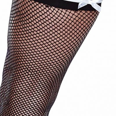 New Women's  Bow Topped Fishnet Queen Size Maid Thigh High Stockings
