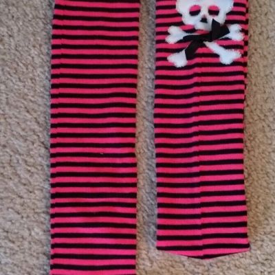 Skull & Cross Bones Pink & Black Stripped Cotton Thigh High Stockings