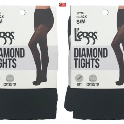 L'eggs Diamond Mesh Tights with Control Top #21779, Size S/M, Black - Pack of 2