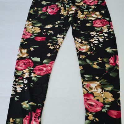 X-Plus Size 3X-5X Womens Floral Print  Pink & Gold Rose Leggings