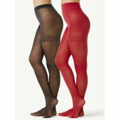 Joyspun Women s Floral and Opaque Sheer Tights  2-Pack  Size MEDIUM Red Black