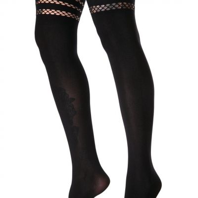 Leg Avenue Faux Thigh High Tights in Black w Fishnet Accent Pantyhose, One Size