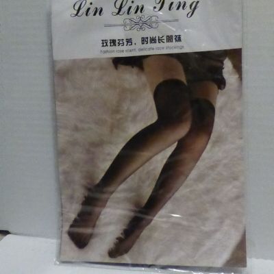 Lin Lin Ting Black Thigh High Lace Fashion Rose Scent Stockings