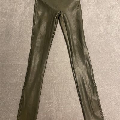 EUC Spanx Faux Leather Leggings Olive Green High Waist Sz Small Style 2437