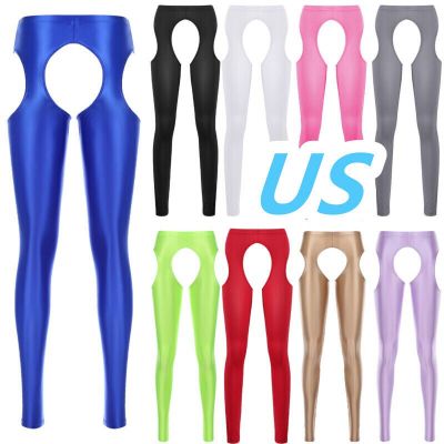 US Women's Shiny Glossy Crotchless Pants Stretchy Yoga Tights Trousers Pantyhose