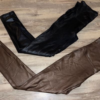 Lot Of 2 SPANX Black Faux Leather Leggings Large Black Brown Shapewear Shiny