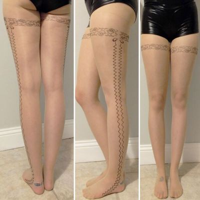 Sheer Beige Nude Pantyhose Black Faux Tattoo Lace Up Side Floral Garter Tights