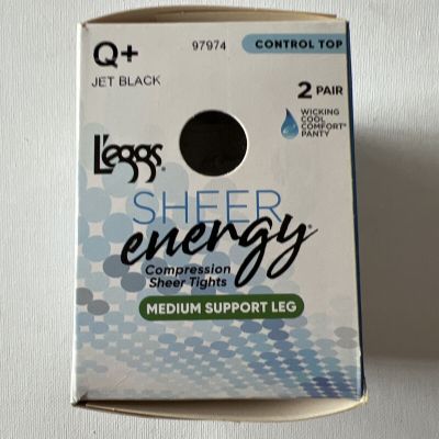 NEW Q+ JET BLACK L'EGGS SHEER ENERGY MEDIUM LEG SUPPORT CONTROL TOP TIGHTS 2PK
