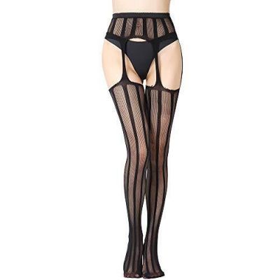 Livfrels Women's Thigh High Stockings with Garter Belt Black Striped Fishnet ...
