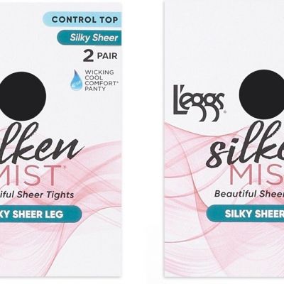 2 L'eggs Silken Mist Control Top Pantyhose Ultra Sheer Tights, Size B,Jet Black