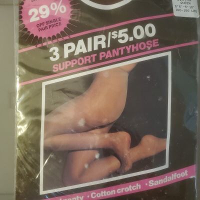 3 Pair New Queen Size Support Pantyhose Suntan Made In USA