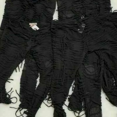 Black Fringe Sheer Leggings Club Wear Fitted Bodycon Sexy Destroyed S M L