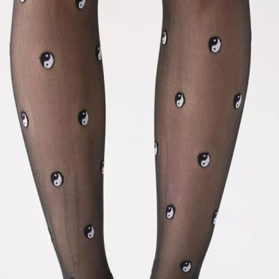 NEW URBAN OUTFITTERS BLACK TIGHTS S/M YIN YANG SHEER WHITE ALL OVER PRINT NWT